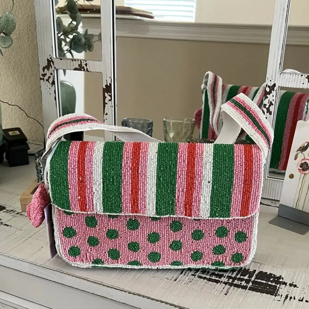 NWT Handcrafted India Beaded Purse Pink Green Striped Artsy Charm Shoulder Bag